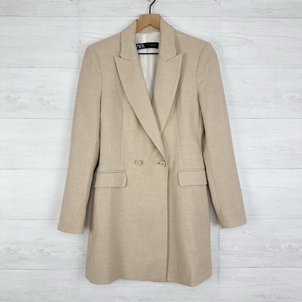 Zara Double Breasted Long Blazer XS Neutral Tailored Academia Textured Office - Picture 15 of 16